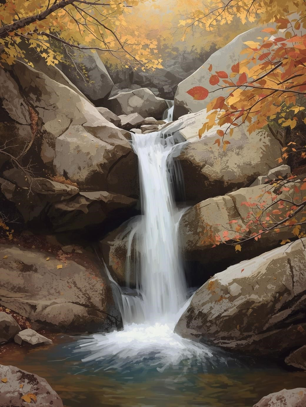 Paint by Number Mountain Waterfall with Autumn Leaves - DIY Canvas Paint by Number Kit