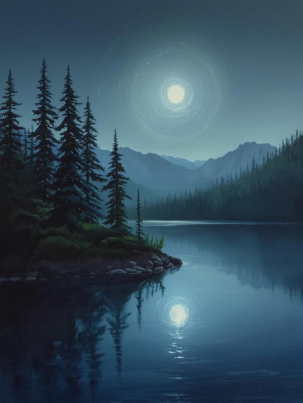 Paint by Number Moonlit Mountain Lake Reflection - DIY Canvas Paint by Number Kit