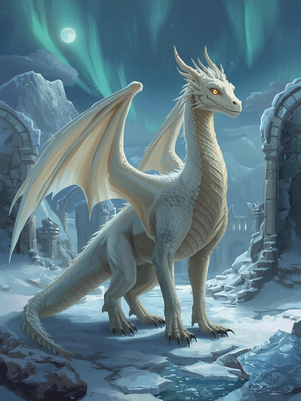 Paint by Number White Ice Dragon Beneath Aurora Sky – Fantasy Dragon Paint Kit