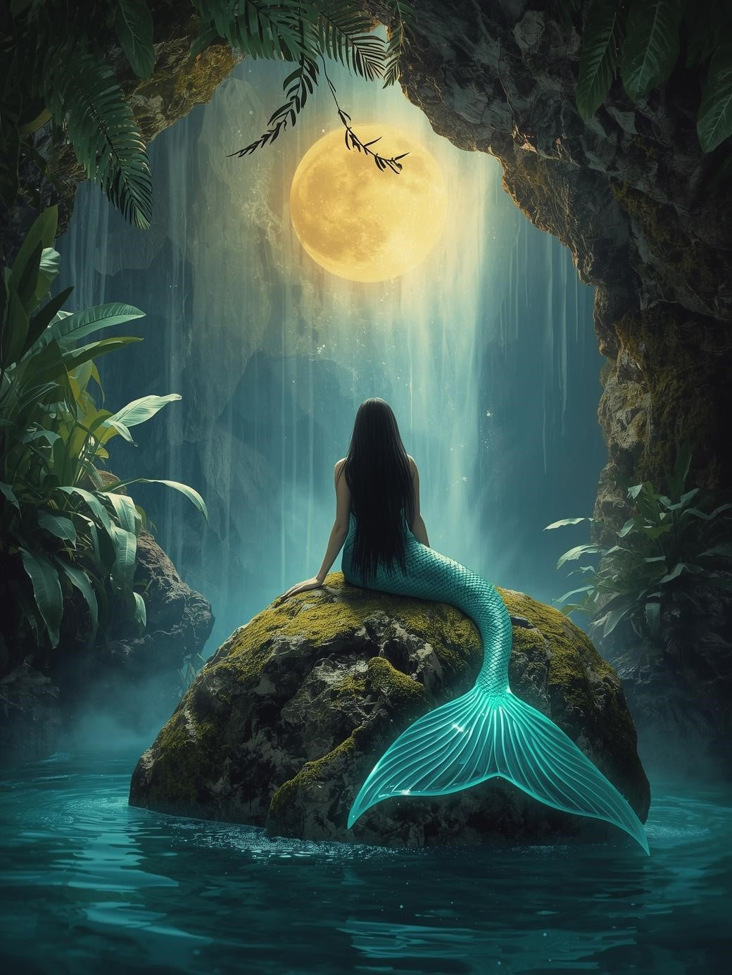 Paint by Number Moonlit Mermaid Waterfall Cave - Acrylic Painting Kit for Adults