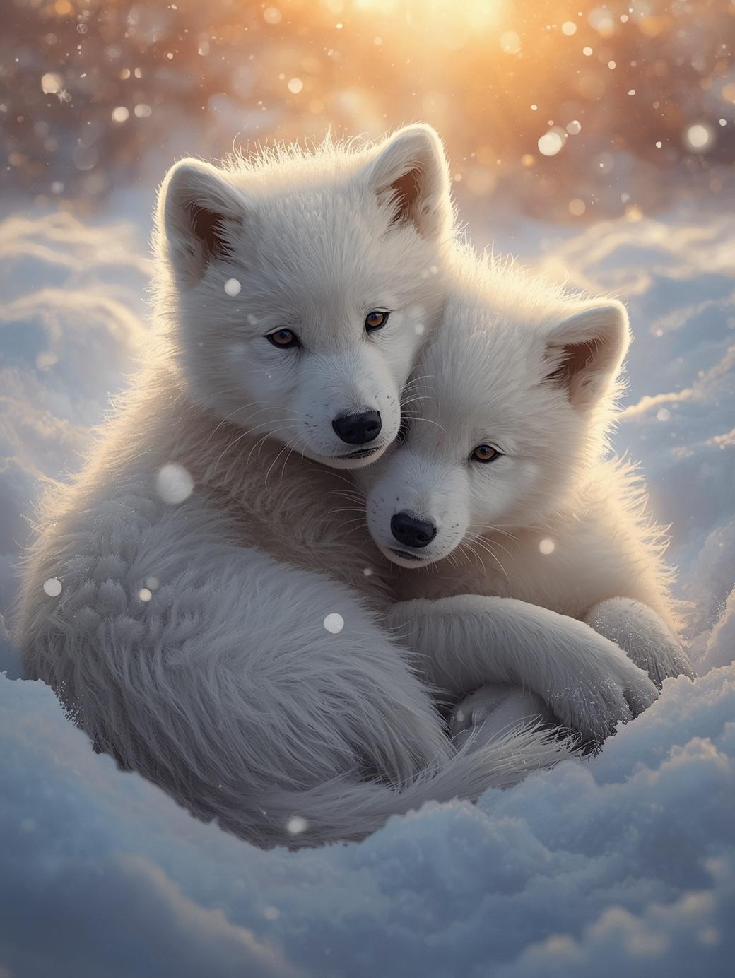 Paint by Number Cuddling Arctic Fox Cubs in Soft Winter Snow - Painting Kit for Adults