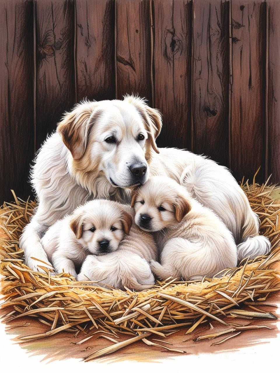 Paint by Number Great Pyrenees Mom and Her Puppies