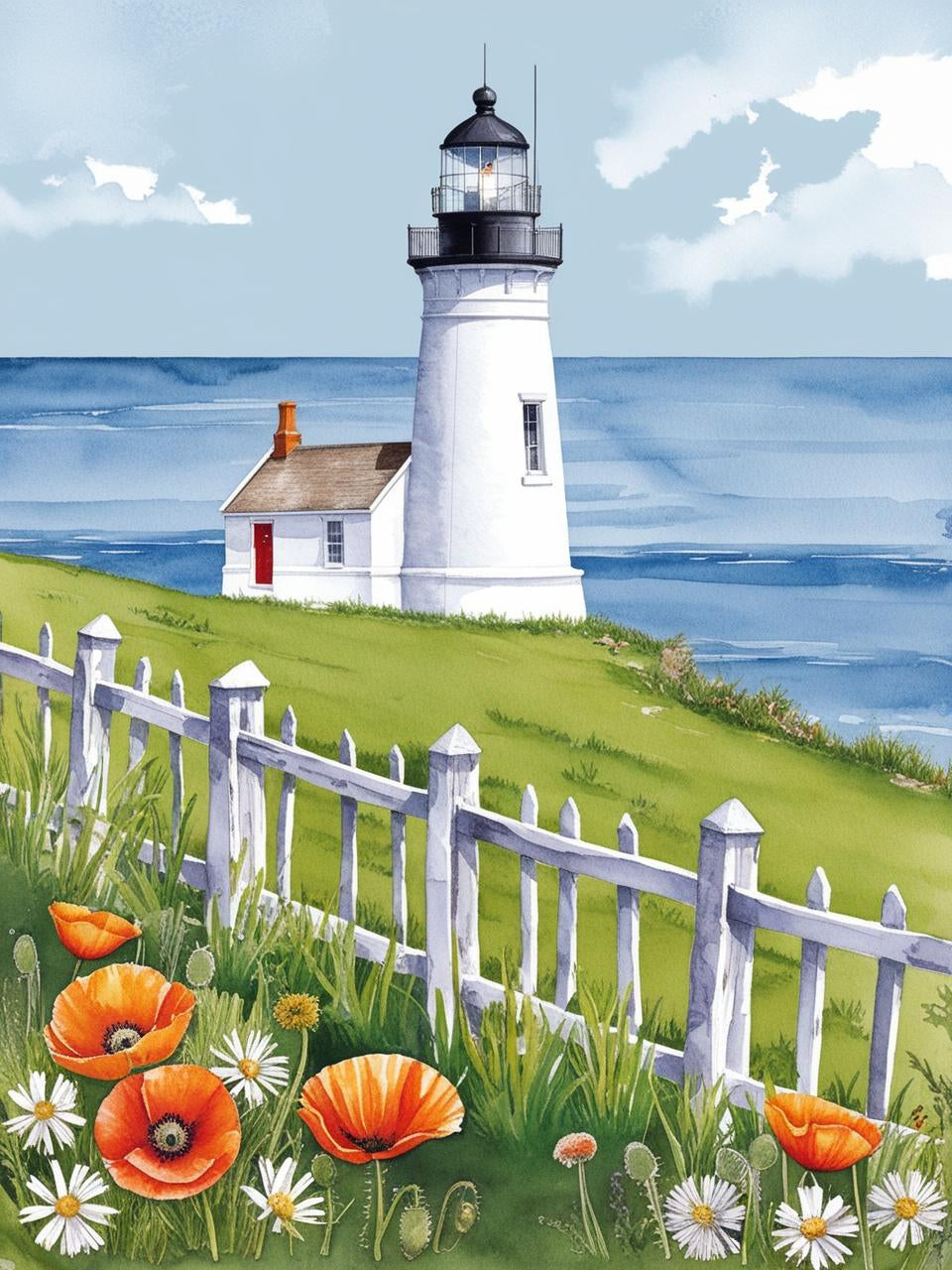 Paint by Number Lighthouse with Coastal Flowers and Ocean View – Adult DIY Painting Kit