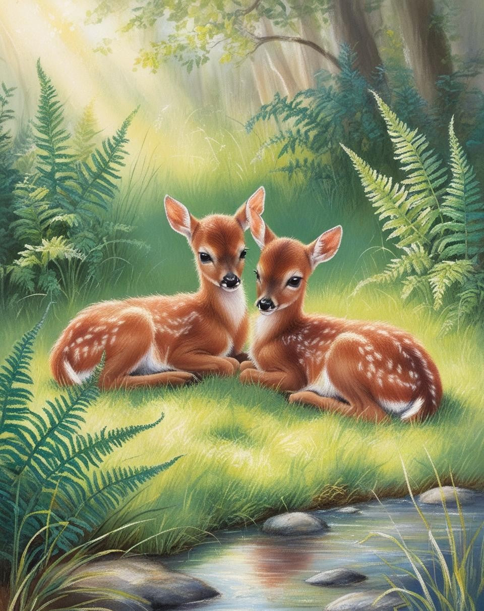 Paint By Number Newborn Fawns in a Quiet Forest Clearing