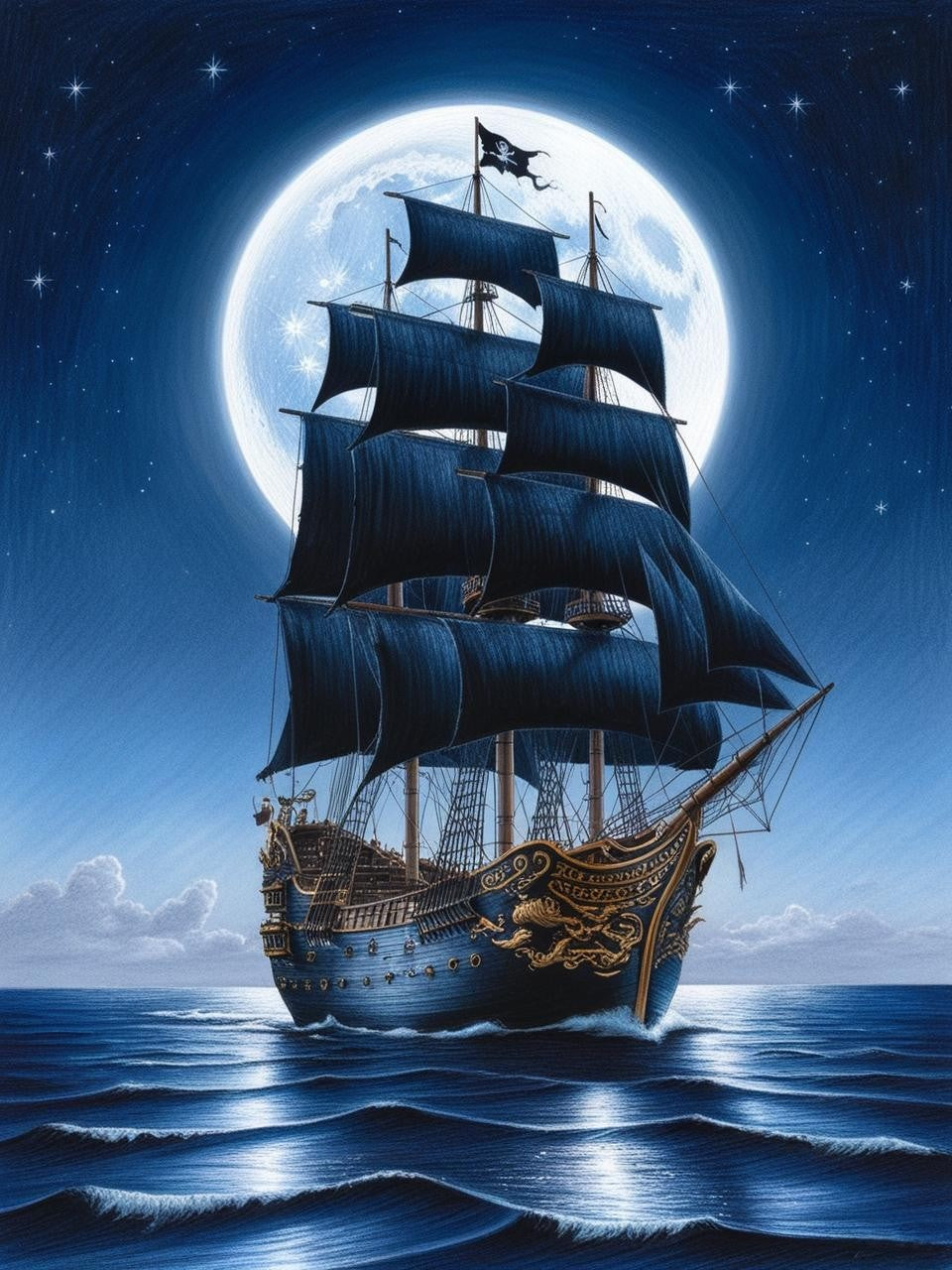 Paint by Number Moonlit Waters With a Pirate Ship Drifting