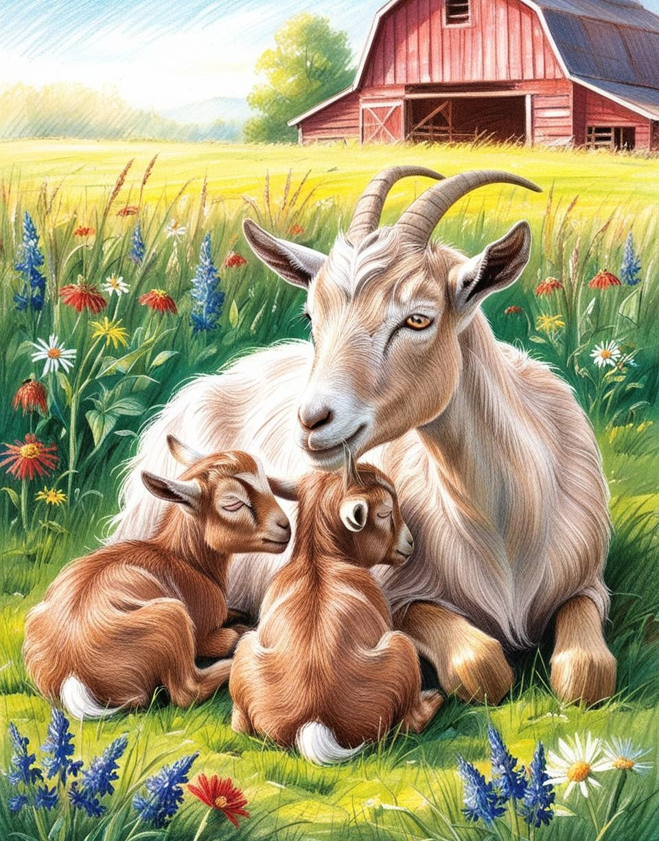 Paint by Number Mama Goat Watching Over Her Babies