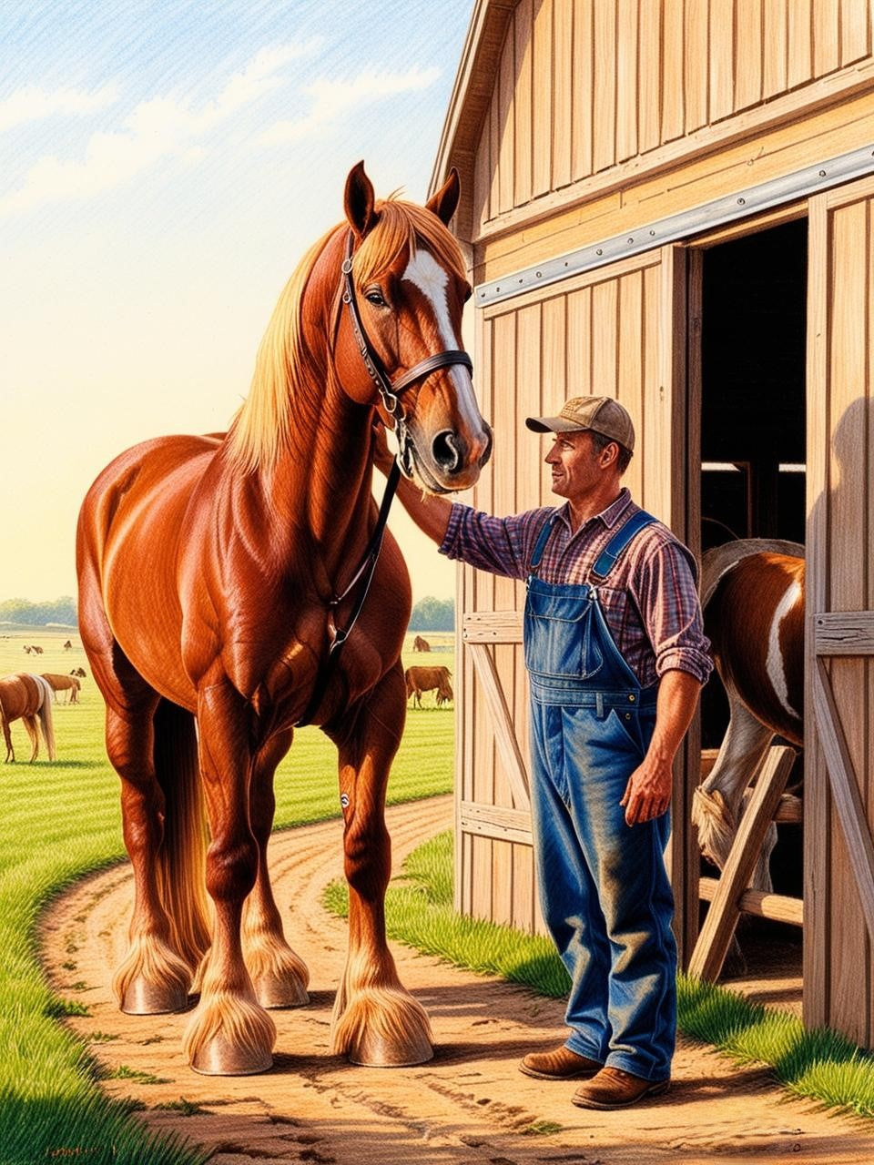 Paint by Number Clydesdale and Farmer in the Barnyard