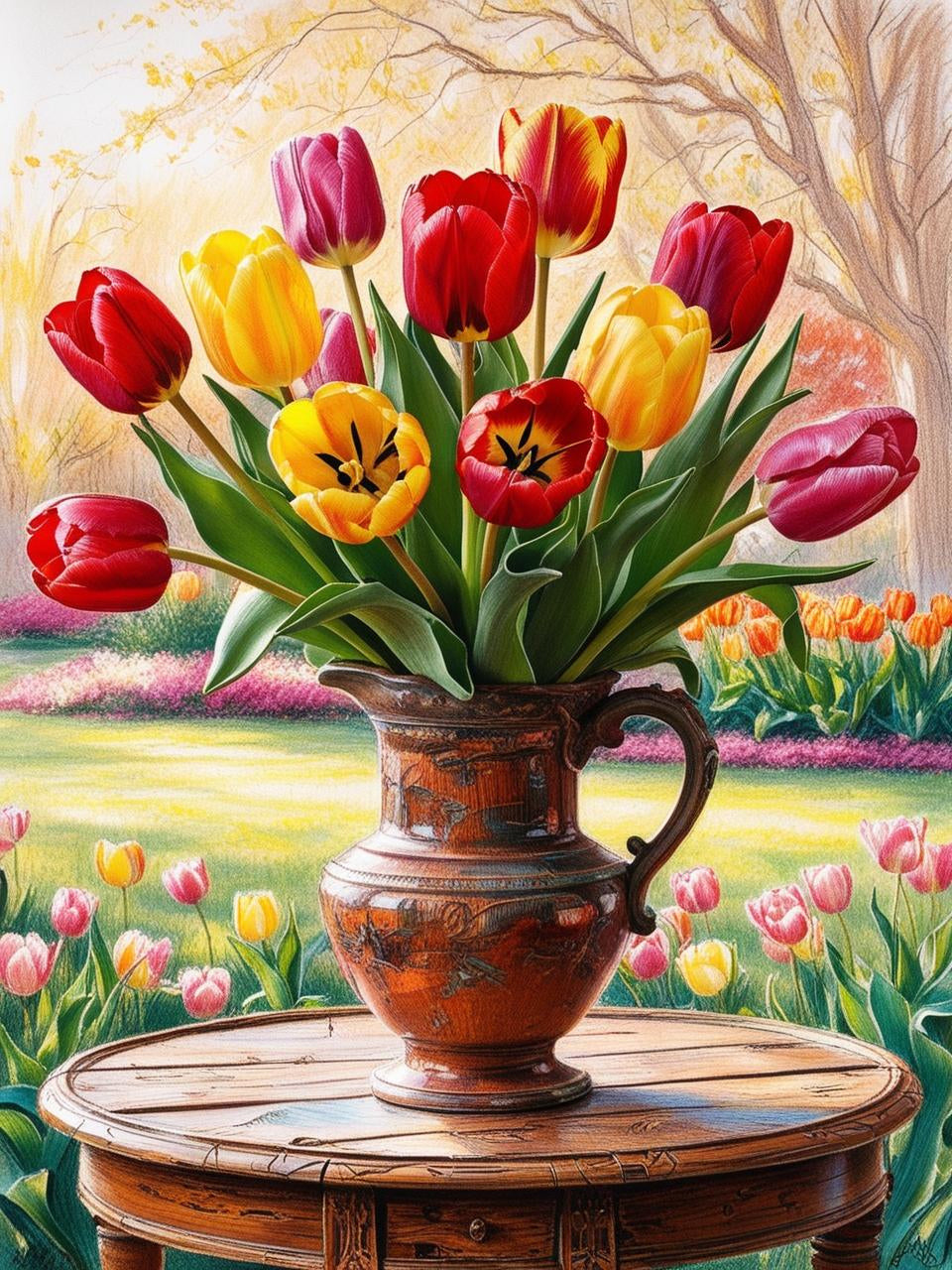 Paint by Number Impressionistic Tulips in a Classic Ceramic Vase