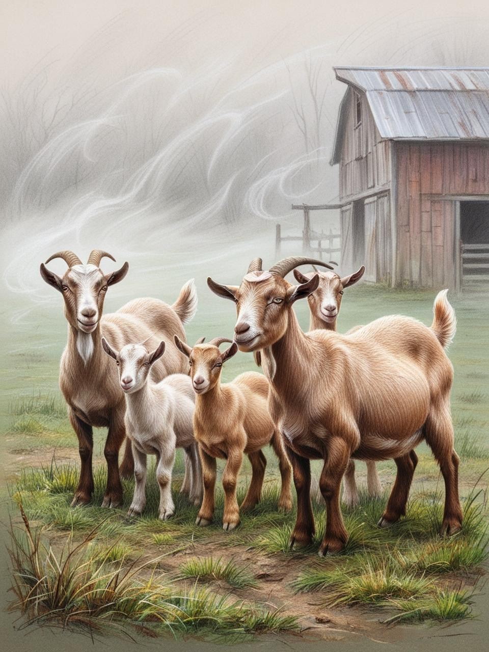 Paint by Number Goat Mother and Babies in the Farm Field