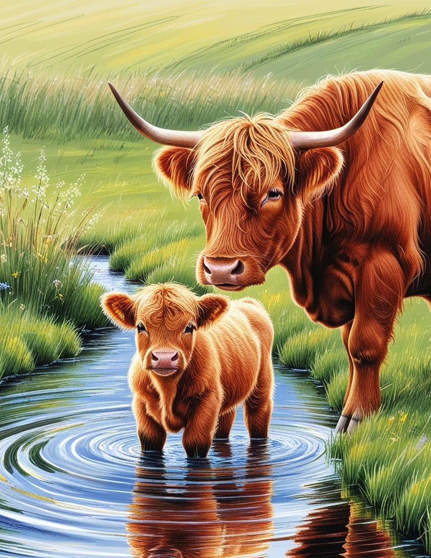 Paint by Number Guiding Grace - Mother and Baby Highland Cow Duo