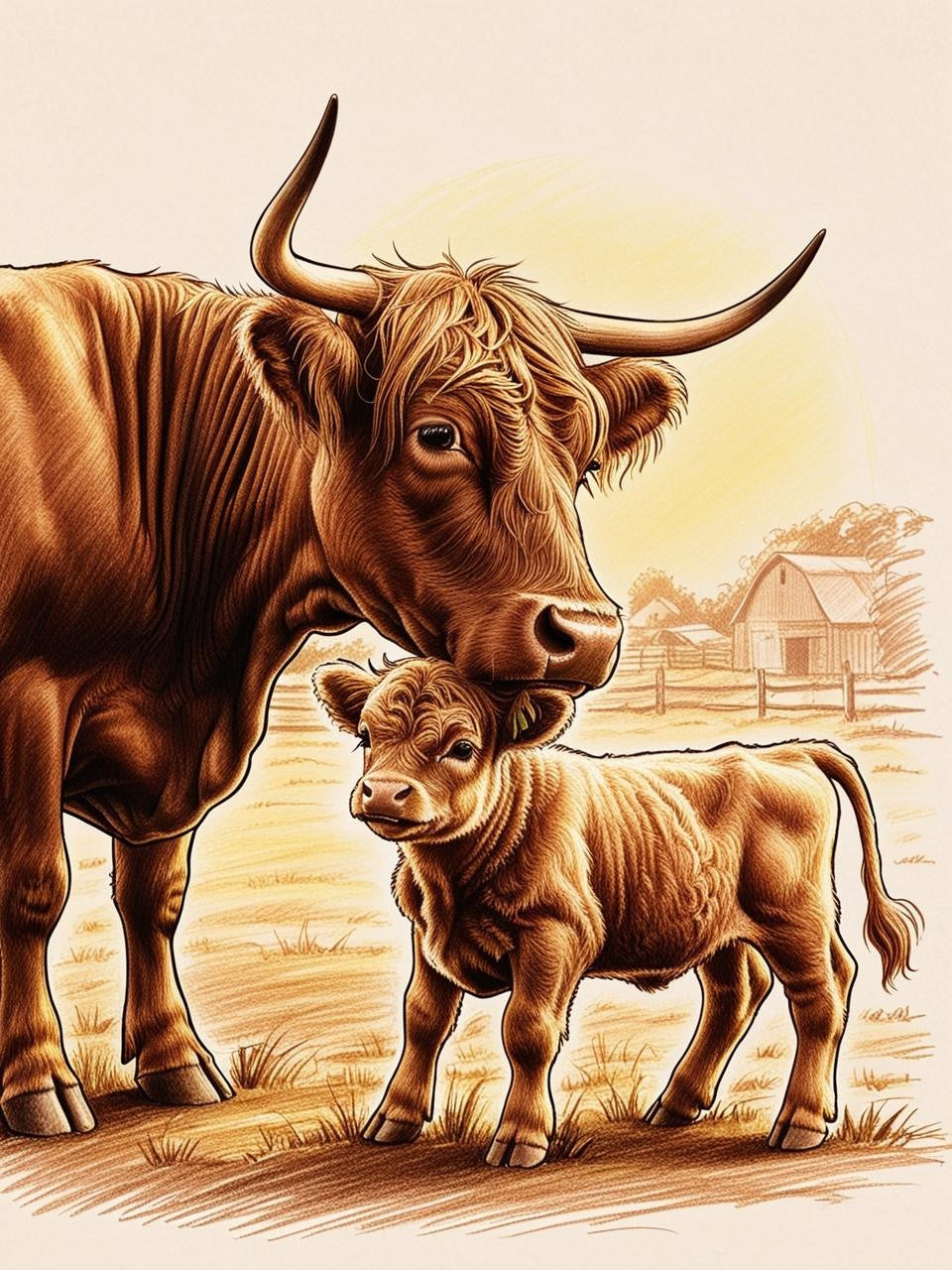 Paint by Number Mother’s Love - Highland Cow and Calf in the Meadow
