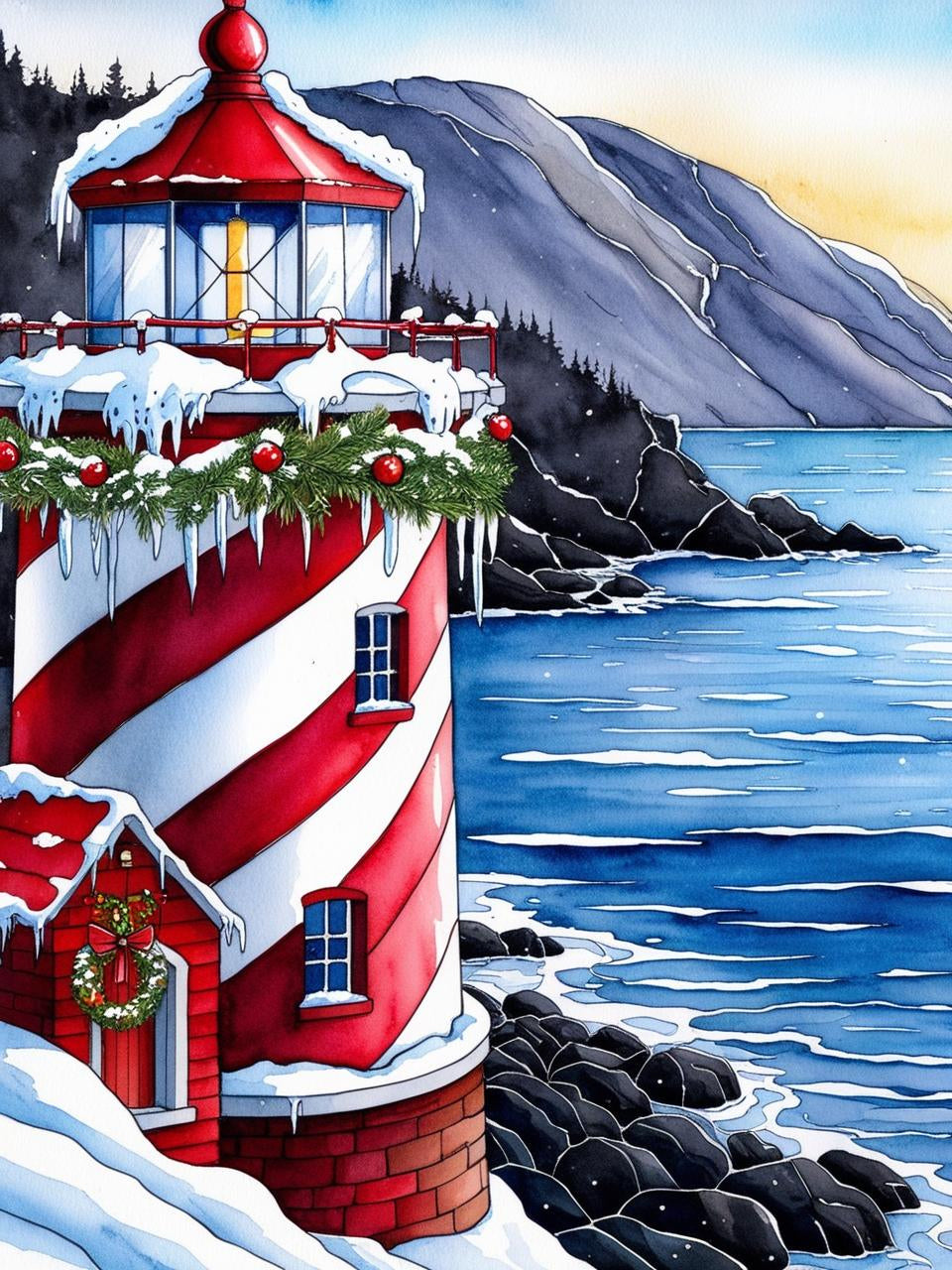 Paint by Number Lighthouse on Snowy Winter Coastline – Holiday Paint by Number Kit