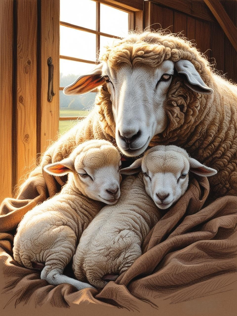 Paint by Number Mother Sheep and Her Lambs
