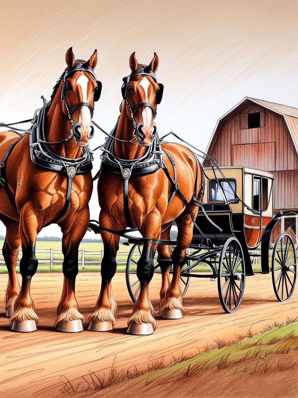 Paint by Number Majestic Clydesdales Leading a Horse-Drawn Carriage