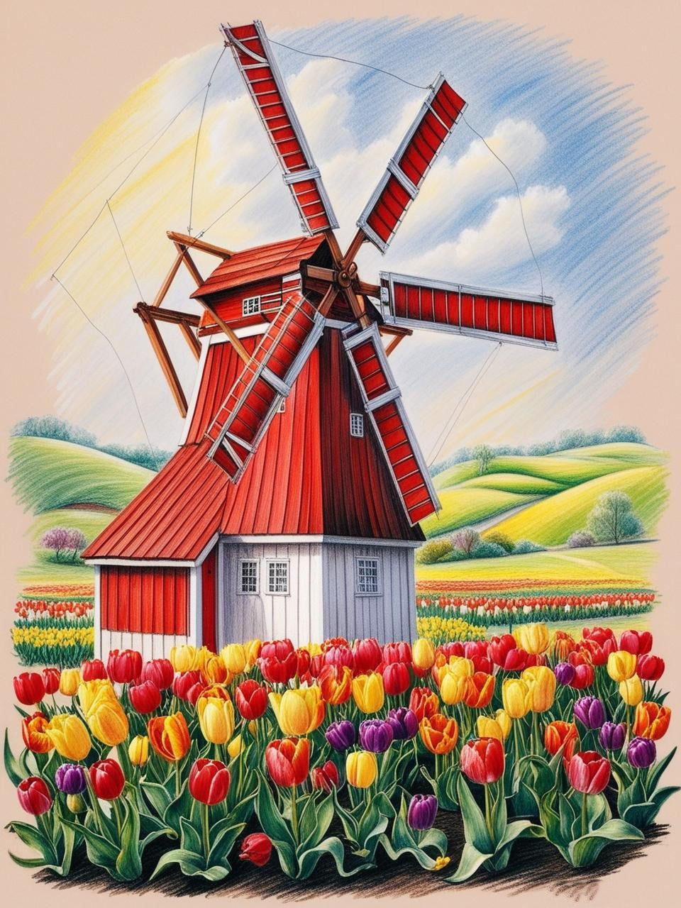 Paint By Number Radiant Tulips by the Windmill