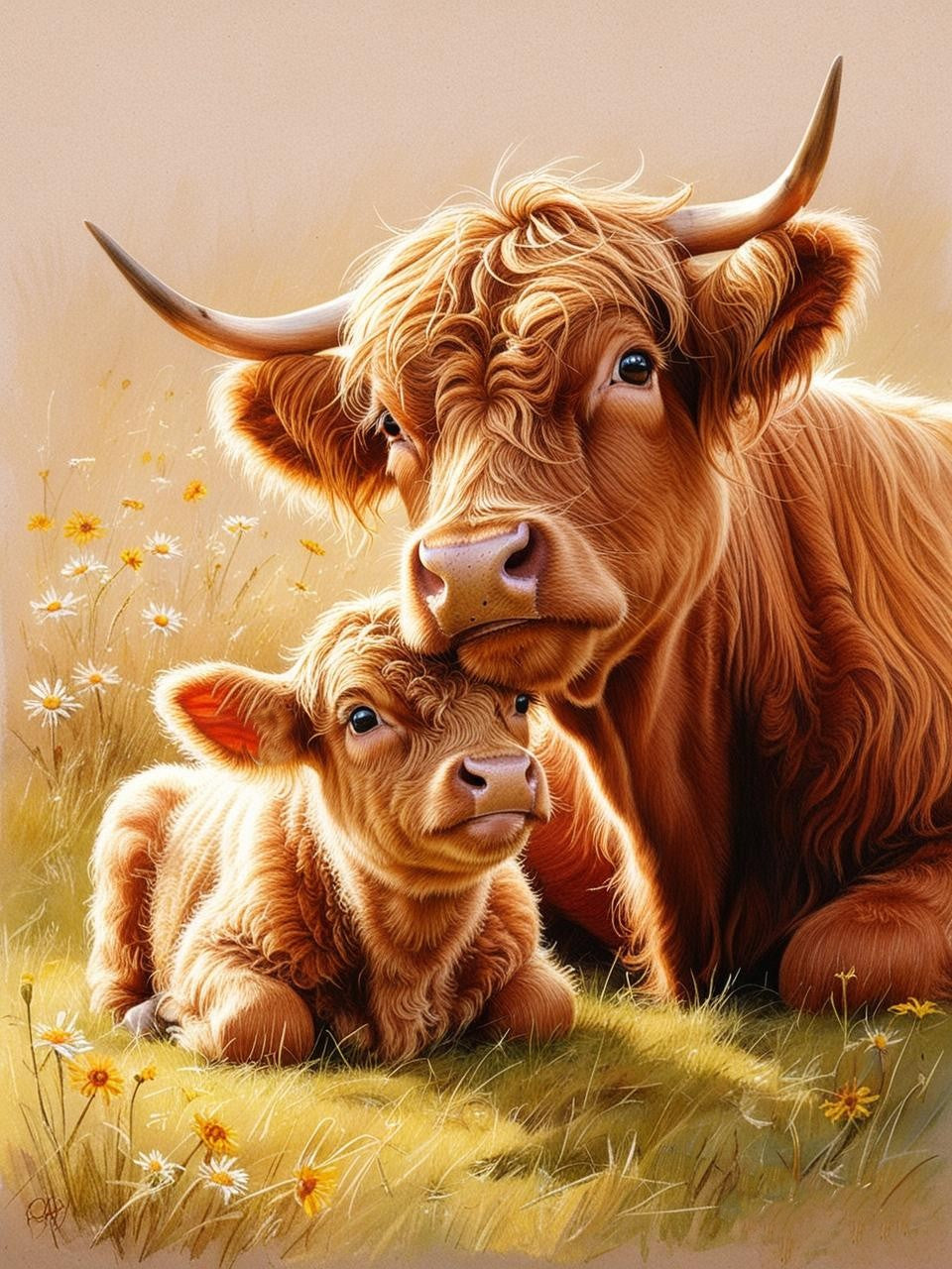 Paint by Number Mother and Baby Highland Cow at Rest