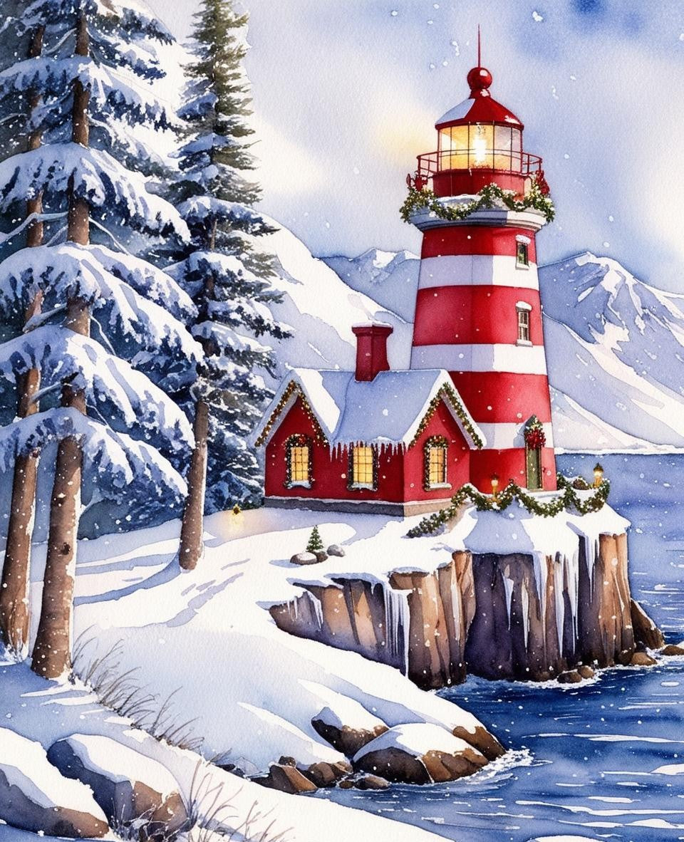 Paint by Number Lighthouse in Snowy Harbor Scene – Christmas Painting Kit