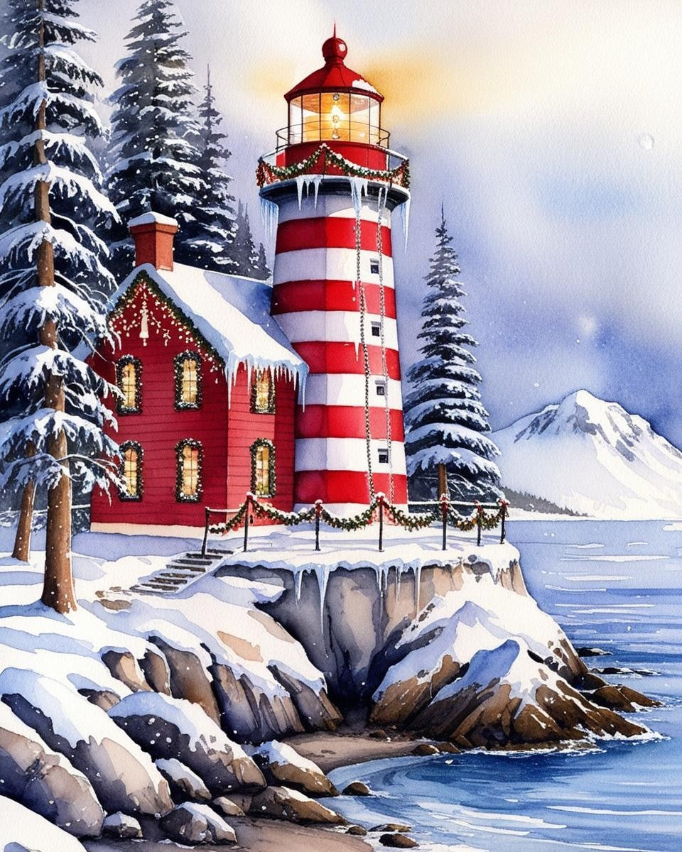 Paint by Number Frosted Lighthouse on Coastal Shore in Winter – DIY Painting Kit