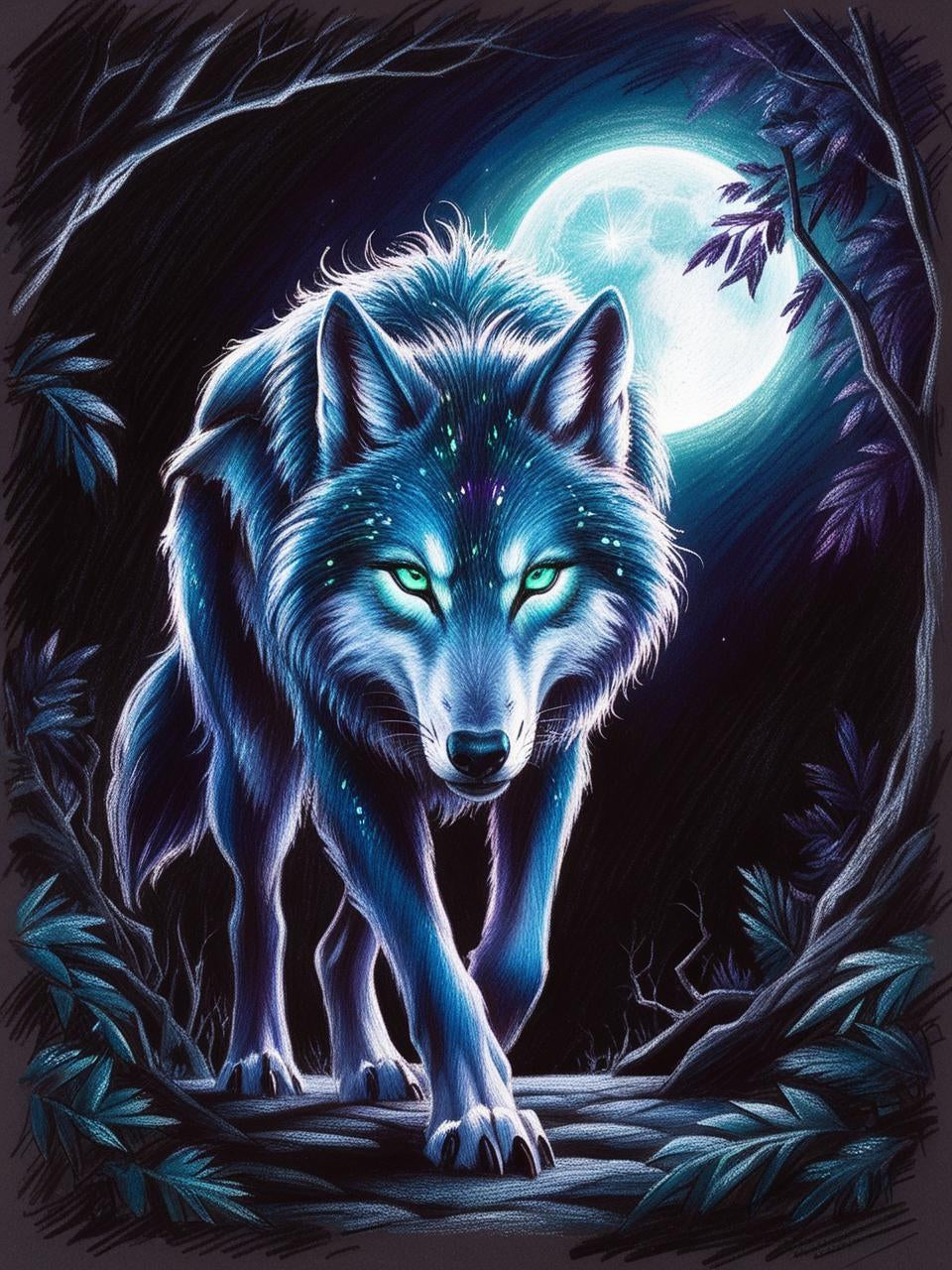 Paint by Number Lone Wolf in the Moonlit Forest