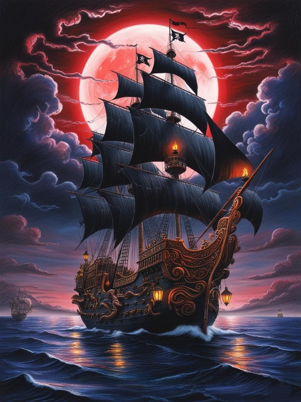 Paint by Number Moonlit waters with a pirate ship drifting
