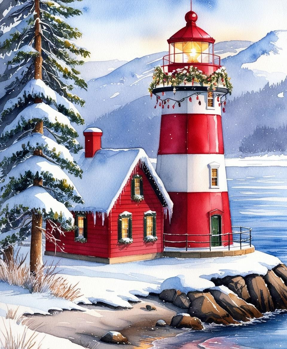 Paint by Number Snow Covered Lighthouse on Winter Coast – DIY Paint by Number Kit
