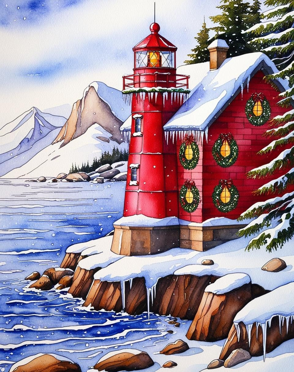 Paint by Number Lighthouse in Snowy Polar Winter Scene – DIY Paint by Number Kit