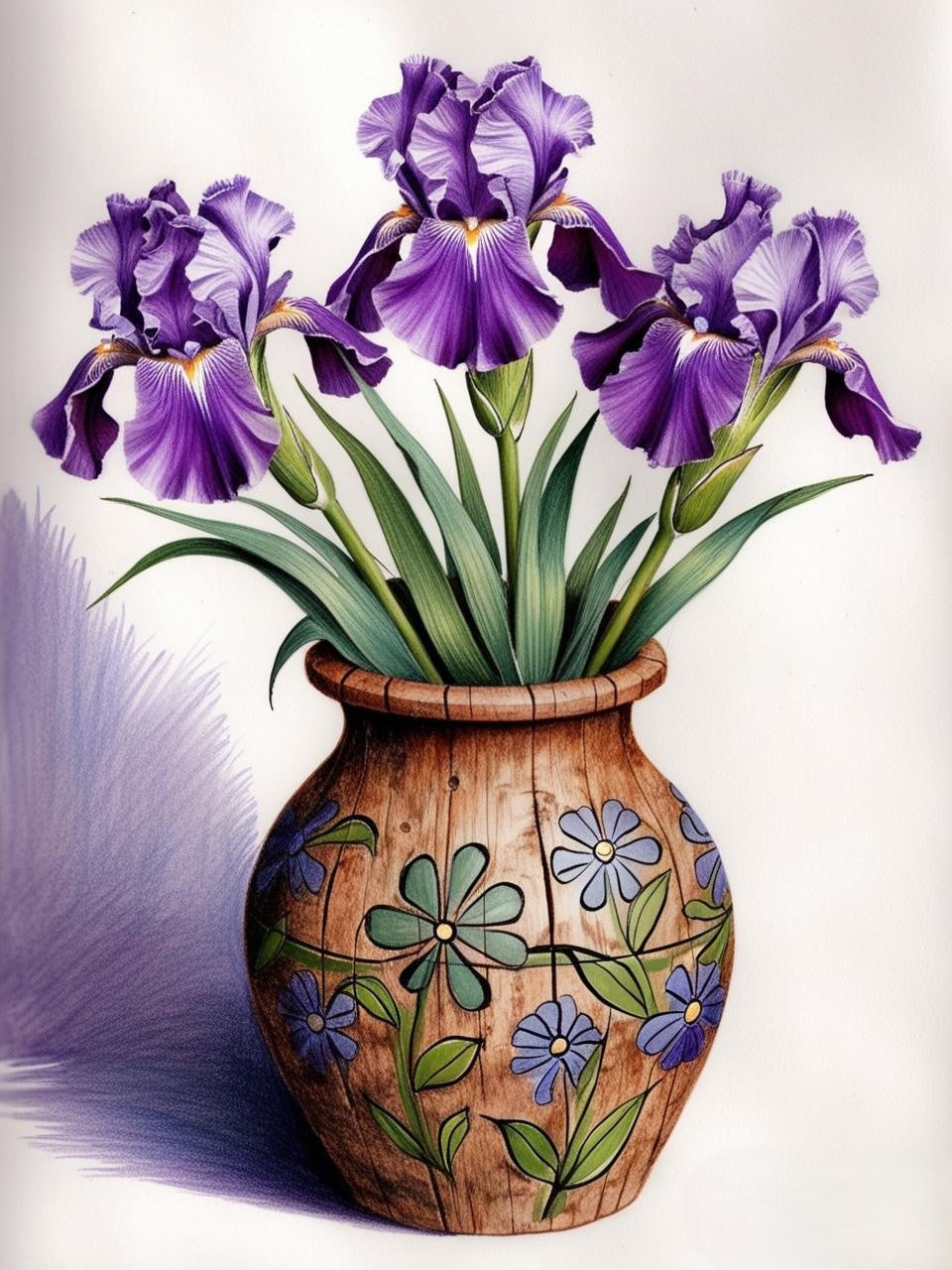 Paint by Number Hand-Painted Wooden Vase with Purple Irises