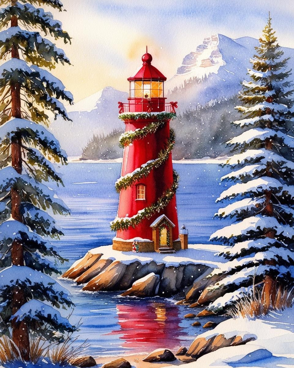 Paint by Number Lighthouse on Snowy Winter Shoreline – Christmas Painting Kit