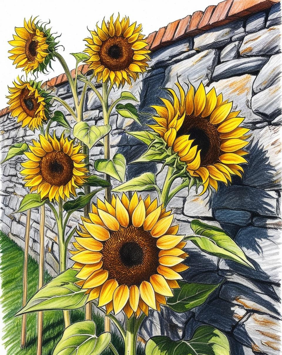 Paint by Number Golden Sunflowers Growing by an Old Stone Wall