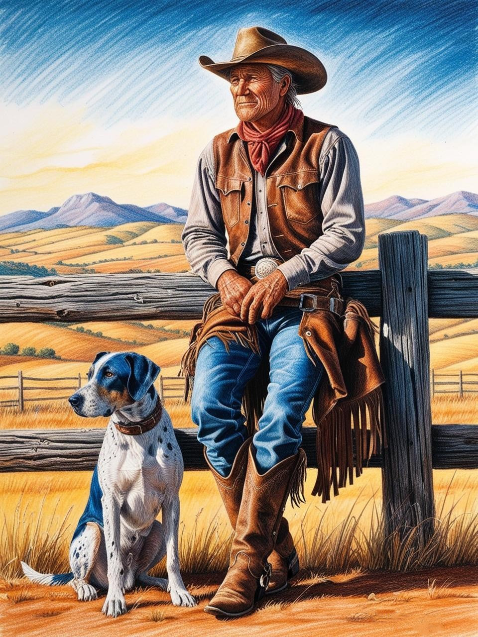 Paint by Number Loyal Companions: Cowboy and Blue Heeler on the Fence