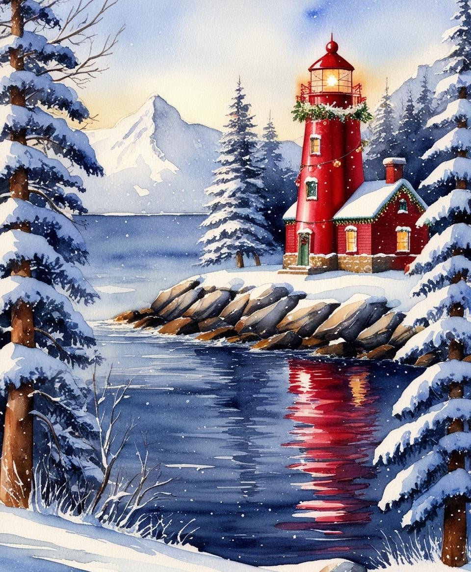 Paint by Number Lighthouse Covered in Winter Frost Snow – DIY Painting Kit