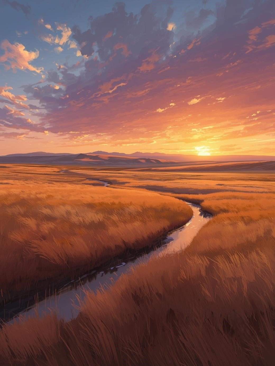 Paint by Number Sunset Prairie River Through Golden Fields - Acrylic Paint by Number Kit