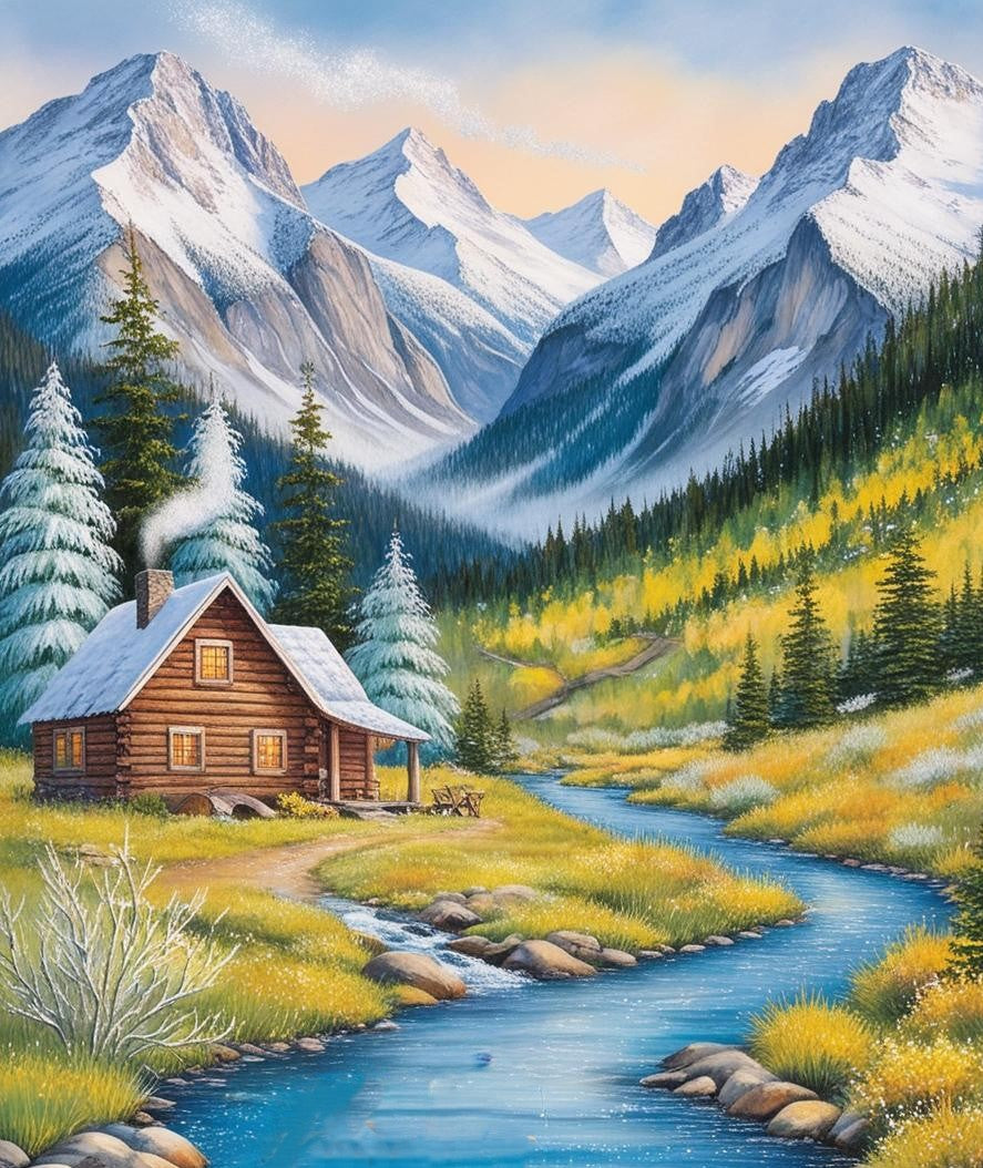 Paint by Number Mountain Streams and Cabin Dreams
