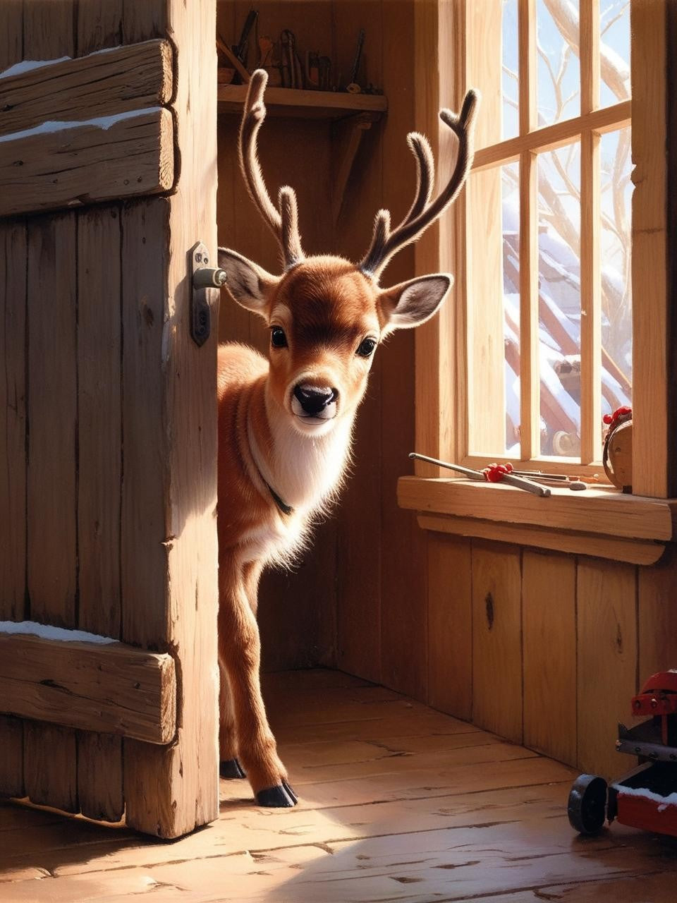 Paint by Number Little Holiday Reindeer Peeking in on Santa's Workshop