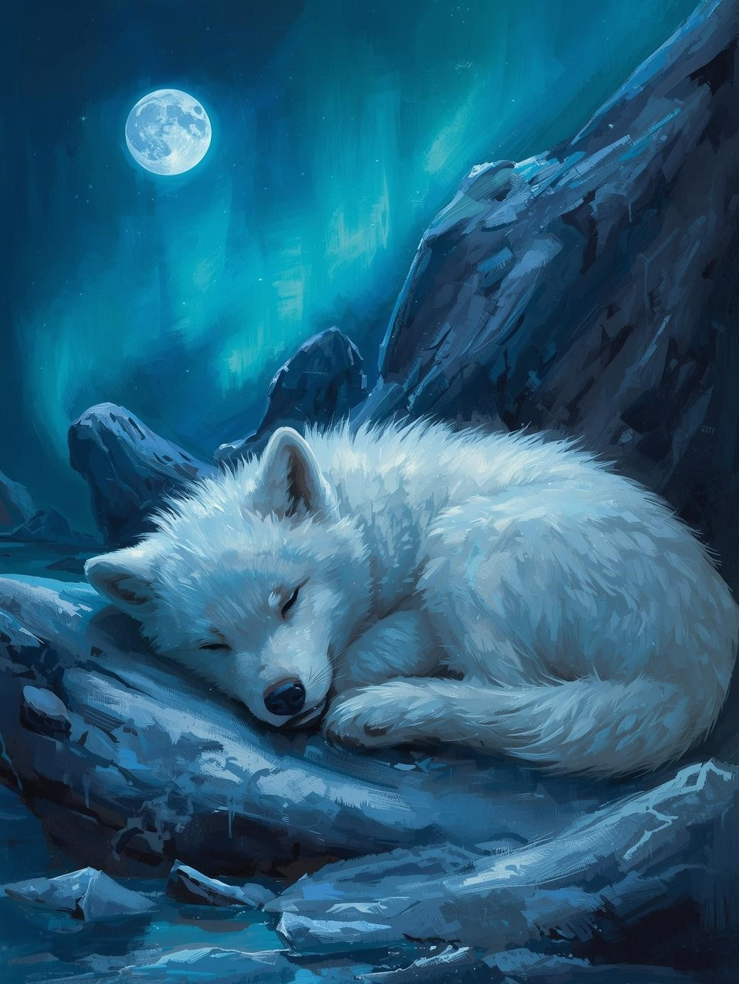 Paint by Number Sleeping Arctic Fox Under Northern Moonlight - Painting Kit for Adults