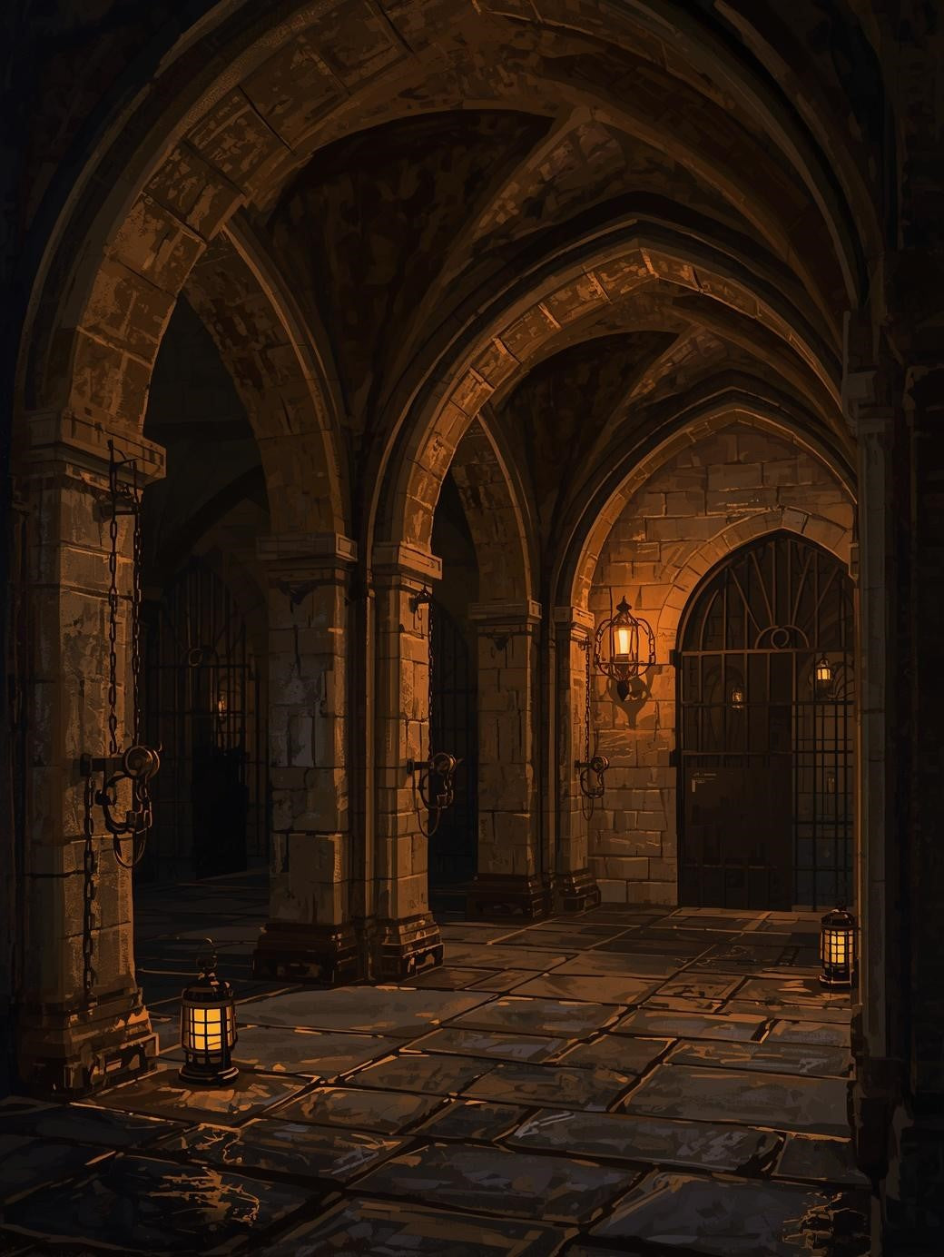 Paint by Number Gothic Castle Hallway with Lantern Light – Paint by Number for Adults