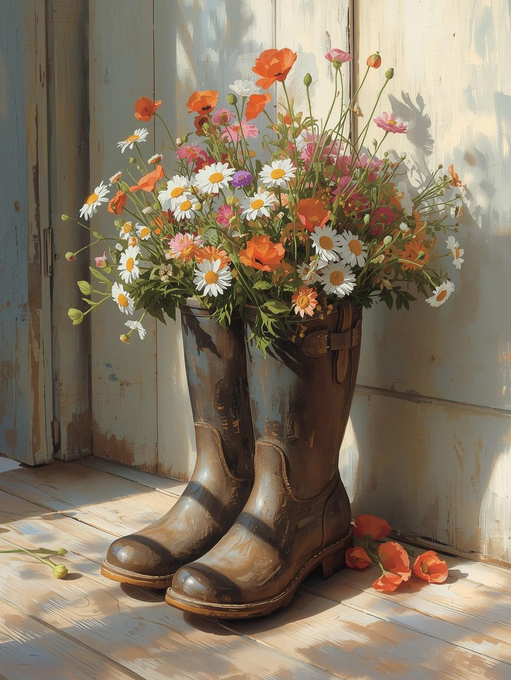 Paint By Number Spring Wildflowers in Country Boots – Adult Canvas DIY Kit, Vibrant Garden Flowers & Cozy Countryside Painting