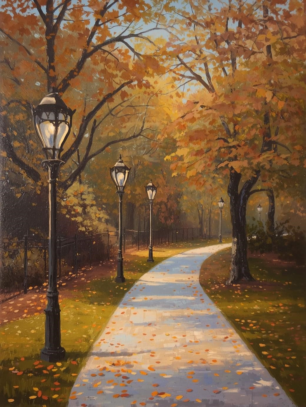 Paint by Number Tree Lined Park Path with Lamps – Acrylic Painting Kit for Adults