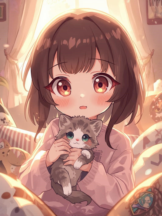 Paint by Number Anime Girl Cuddling a Kitten – Adult Paint by Number Kit