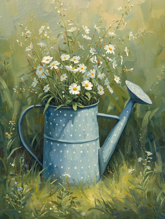 Paint by Number Wildflowers in a Blue Watering Can – Bright Spring DIY Canvas Kit for Adults, Colorful Garden Flower Painting