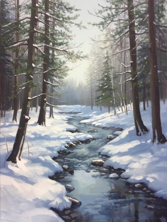 Paint by Number Snowy Forest Stream with Pine Trees - Paint by Number Kit for Adults