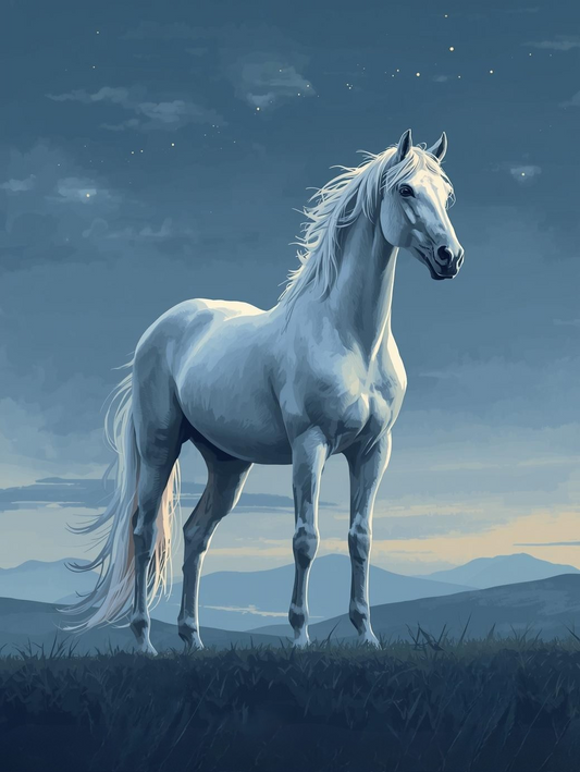 Paint By Number Elegant White Horse in Countryside Field – DIY Canvas Paint Kit