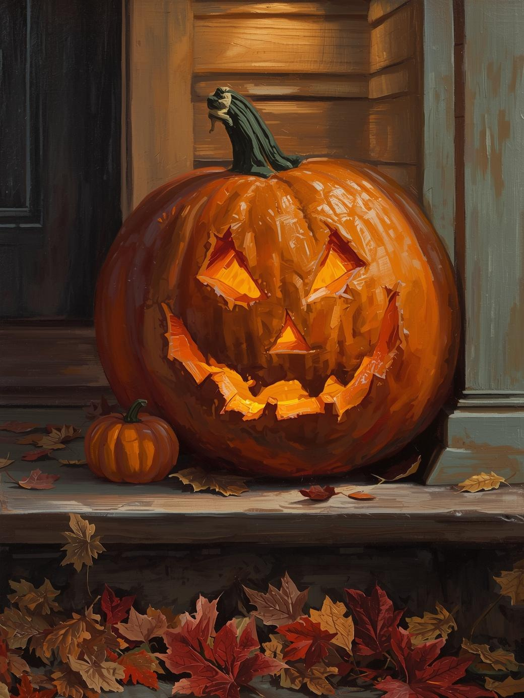 Paint by Number Cozy Porch Jack O’ Lantern Glow – Warm Autumn Canvas Paint by Number Kit