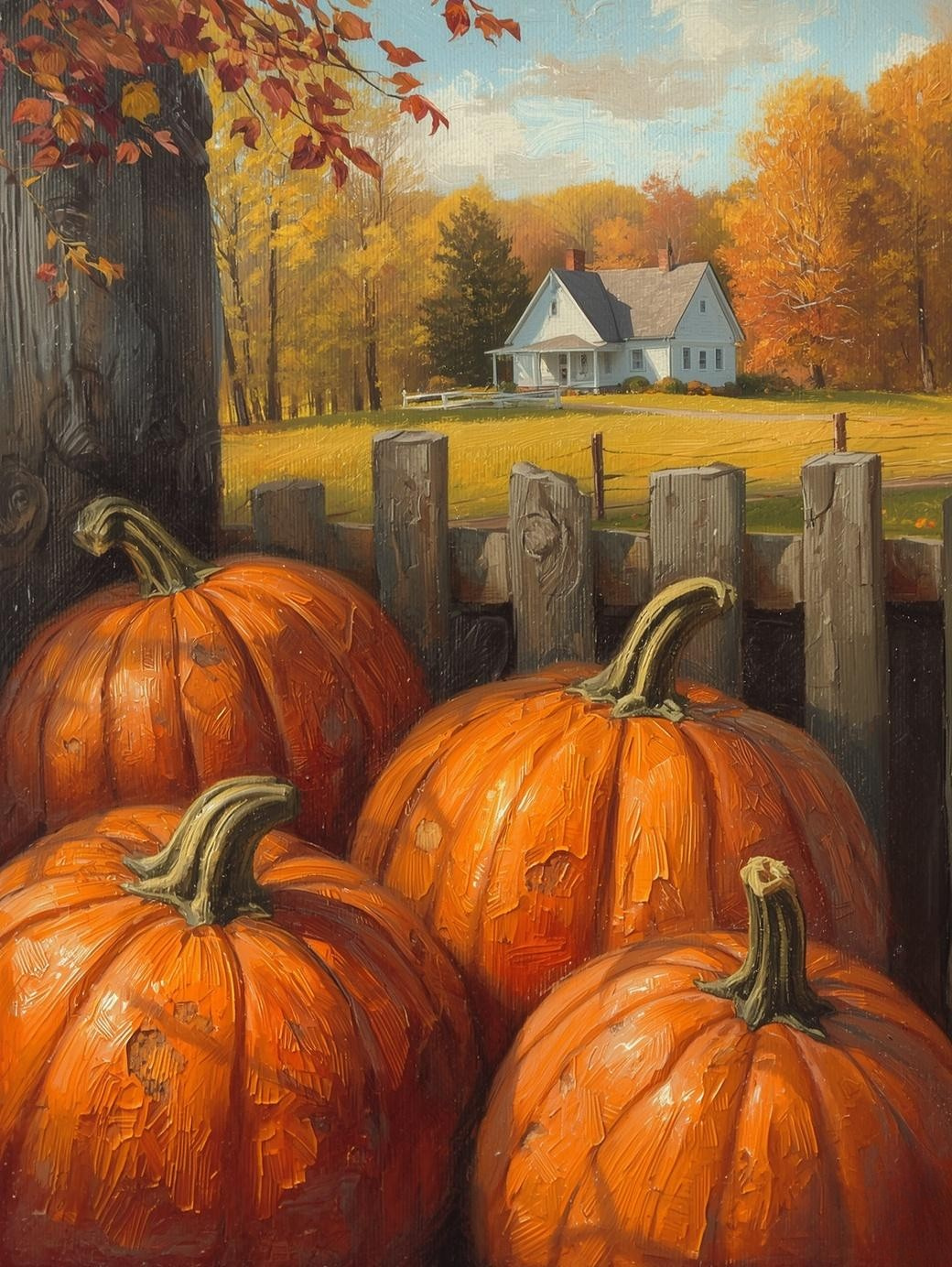 Paint by Number Pumpkin Patch with Fence and Farmhouse – Cozy Autumn DIY Paint by Number Kit