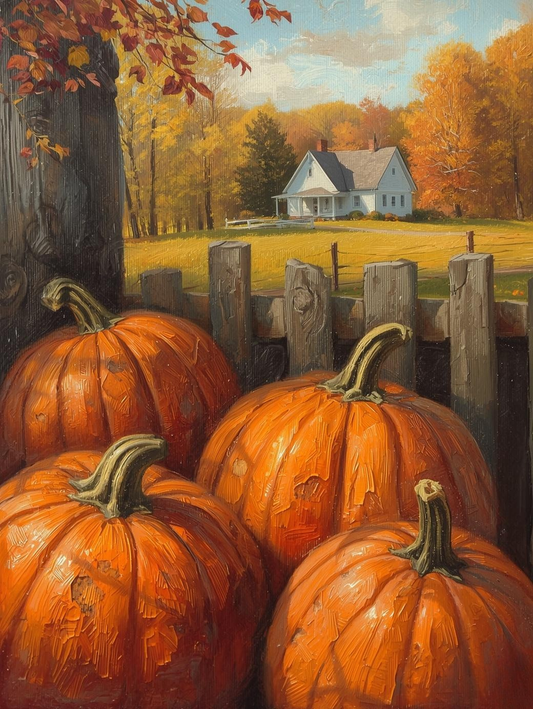 Paint by Number Pumpkin Patch with Fence and Farmhouse – Cozy Autumn DIY Paint by Number Kit