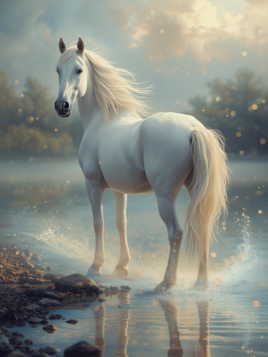 Paint By Number White Stallion in Shimmering Water – Paint by Number Kit for Adults