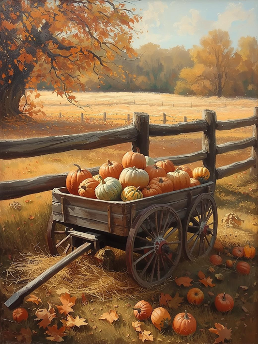 Paint by Number Pumpkin Wagon by Wooden Fence – Cozy Harvest Paint by Number Kit for Adults