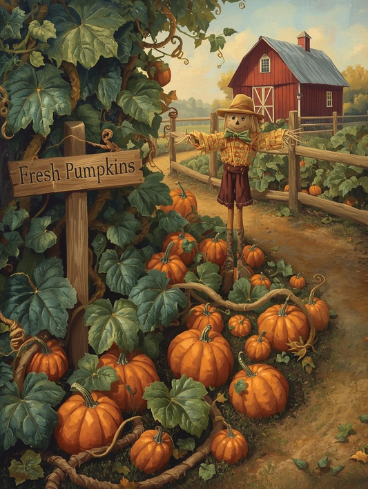 Paint by Number Rustic Pumpkin Patch with Farm Sign – Warm Canvas Paint by Number Kit