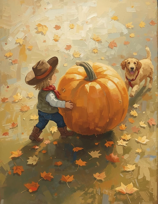 Paint by Number Whimsical Cowboy Pumpkin Adventure with Golden Retriever – Cozy DIY Paint by Number Kit