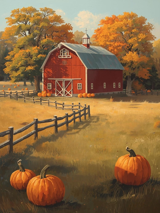 Paint by Number Red Barn Pumpkin Patch with Wooden Fence – Warm Autumn Canvas Paint by Number Kit